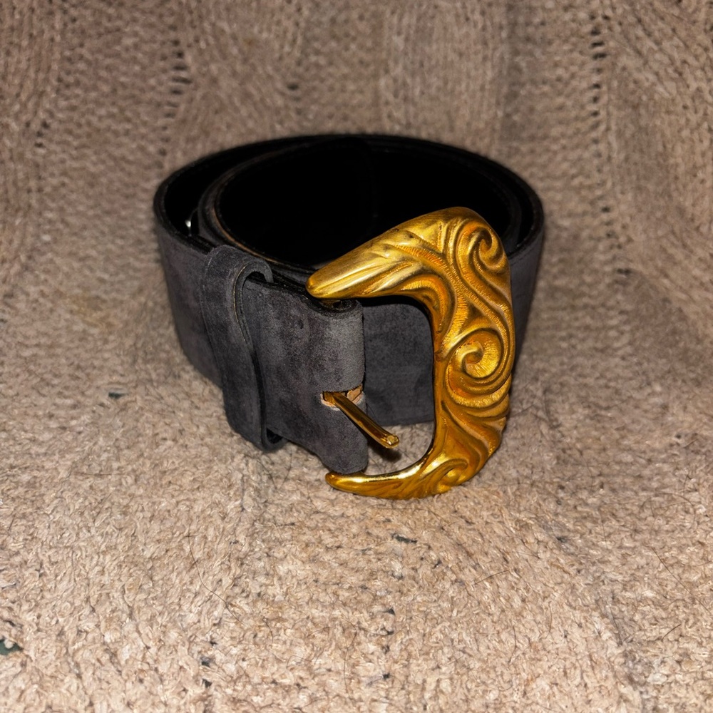 Vintage A. Brod Grey Suede Belt Gold Ornate Buckle Size M 34” Made in USA